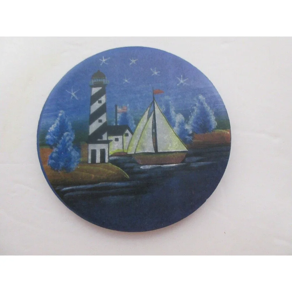 Set of 4 Lighthouse Theme Coasters in Ceramic Holder Beach House Ocean